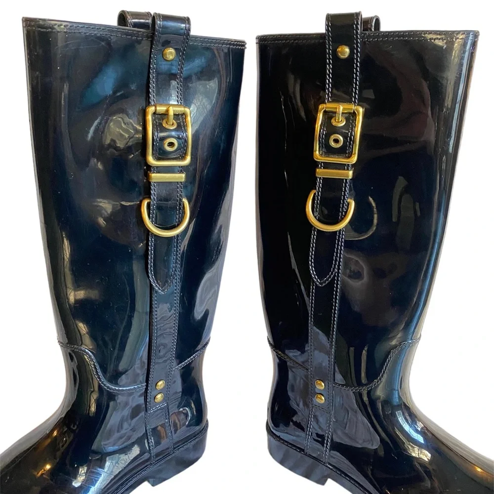 Coach Black Rubber Boots Gold Buckle Knee High 9 Concert classic‎ statment